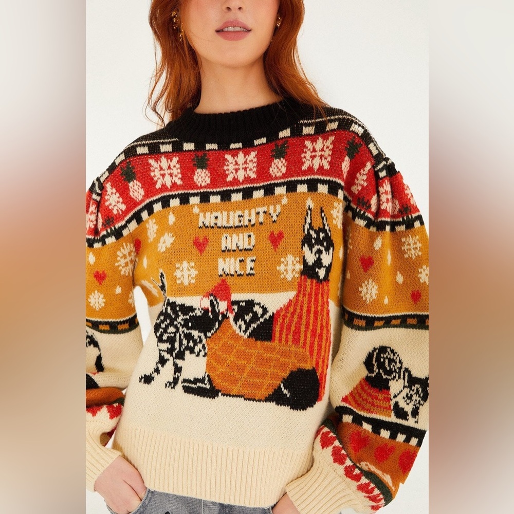 Farm Rio Multicolor Naughty And Nice Puff Sleeve Knit Sweater